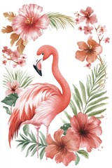 Obraz premium Watercolor painting of a flamingo with tropical flowers surrounding it