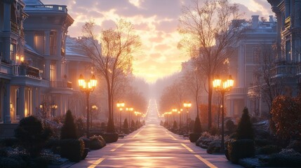 Serene Sunrise on a Snowy Street: Elegant Architecture and Golden Hour