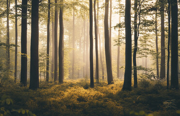 Fototapeta premium Serene forest morning light streaming through trees creating a tranquil and peaceful natural sanctuary