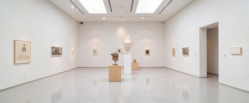 Minimalist museum hall showcasing a large sculpture, artistic display