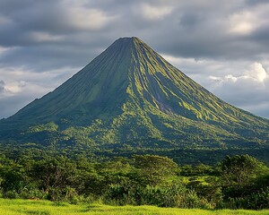 Fototapeta premium A Lush Green Volcanic Mountain Underneath A Cloudy Sky
