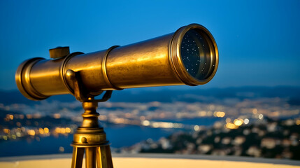 Antique brass telescope overlooking night city