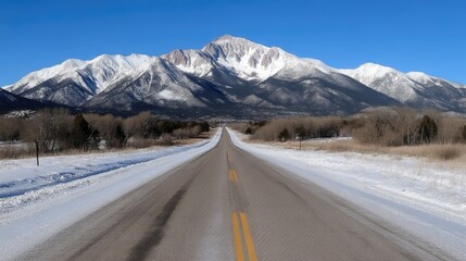 Snowy Mountain Road Extends into the Distance