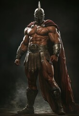 Fototapeta premium A muscular warrior stands clad in armor and a flowing cape