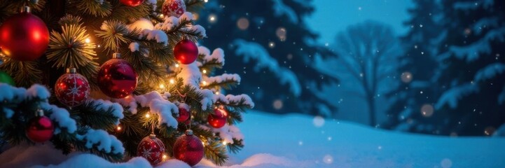 Obraz premium Christmas tree with colorful ornaments, garland, and lights illuminated on a snowy night , winter, snow, Christmas tree