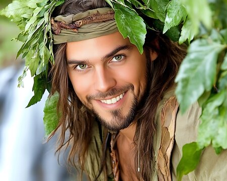 A smiling man with green eyes and a leafy headpiece