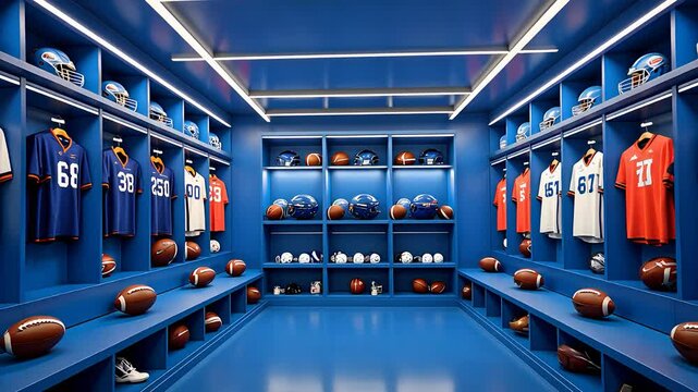 Modern football locker room with blue walls organized uniforms helmets and equipment neatly arranged on shelves

