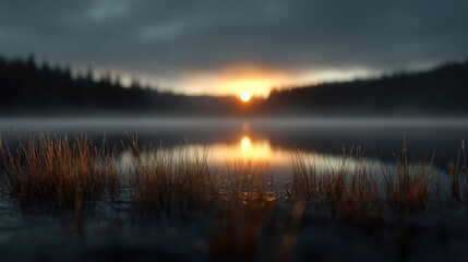 Fototapeta premium Sunrise over a tranquil lake, misty landscape