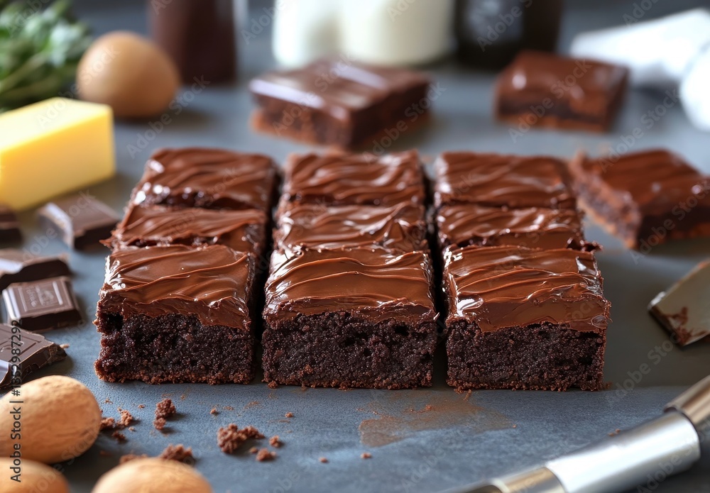 Poster Decadent Chocolate Brownies with Smooth Frosting Displayed on a Rustic Slate Surface Surrounded by Fresh Ingredients and Baking Tools