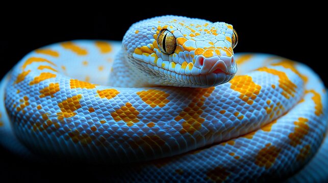 Yellow and white python coiled, close-up.