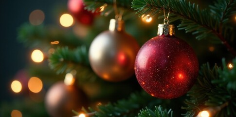Close-up of glass baubles reflecting shiny string lights on a green tree branch , blurring effect, sparkling tree, reflective ornaments