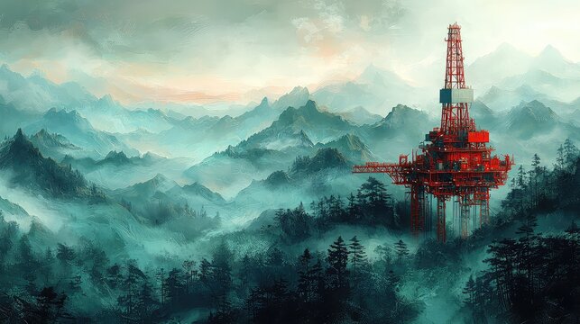 Oil rig in misty mountain forest, environmental impact.  Stock photo for environmental reports