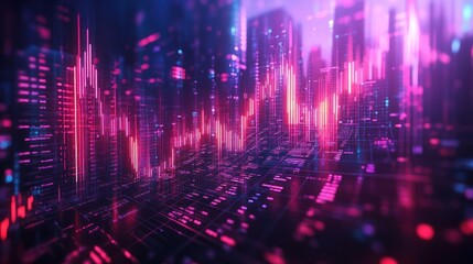 Naklejka premium Cyber Cityscape: Neon Stock Market Data Visualization