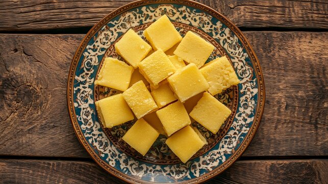 Top view of Mysore pak Traditional Indian Sweet made ghee sugar and gram flour cut into neat squares and arranged on a decorative plate