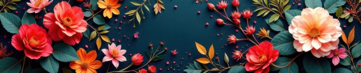 Colorful blooms and foliage in a regal floral pattern with gold accents, color, leaf