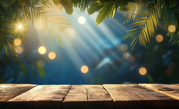 Tropical sunset, wooden table, bokeh lights, foliage, product display