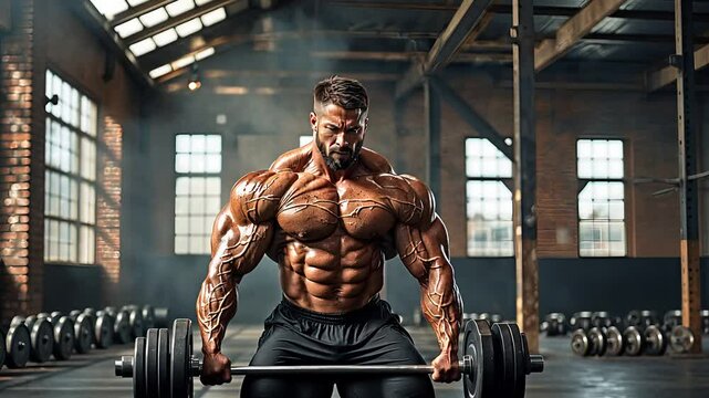 Muscular man lifting heavy barbell in gritty industrial-style gym with dramatic lighting and intense focus

