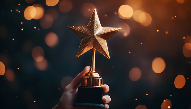 The hand gesture holding five golden star awards, which represents business success or personal recognition