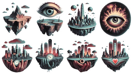 Floating cities surreal landscapes and cosmic eyes Floating islands time and urban visions