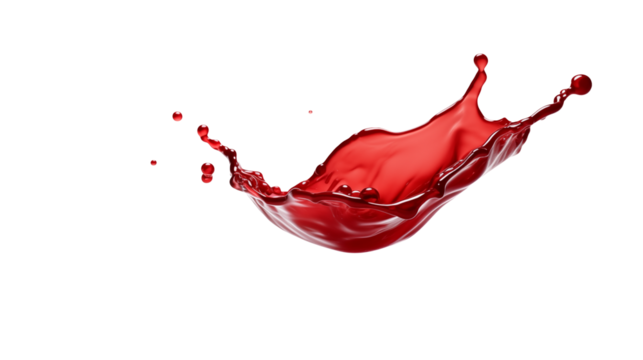 A vibrant splash of red liquid suspended mid air against a stark black background spaceisolated on transparent background