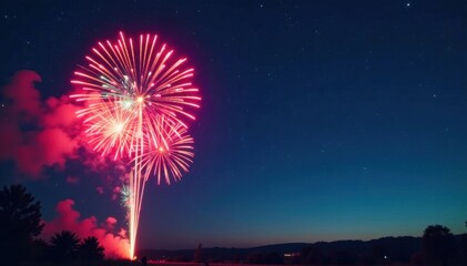 Colorful fireworks exploding in mid-air against a starry night sky, night sky, fireworks, explosion
