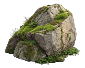 a large rock formation covered in green moss, with some smaller rocks and plants scattered around its base. The rock has a rugged texture and is situated on a transparent background