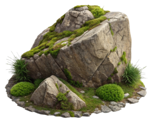 a large rock formation covered in green moss, with some smaller rocks and plants scattered around its base. The rock has a rugged texture and is situated on a transparent background