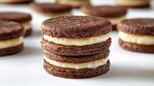 Stack of chocolate sandwich cookies with cream filling on white background - Powered by Adobe