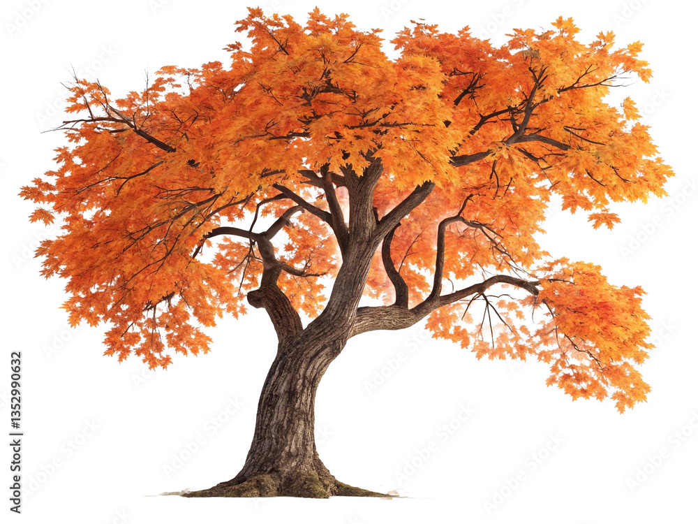 Poster a tree with autumn-colored leaves, casting a shadow on transparent background. The tree appears to be in a desert environment, with sparse vegetation and a clear, sunny sky.