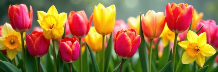 Obraz premium Colorful tulips and daffodils in a vibrant arrangement, paper background, flowers, beauty