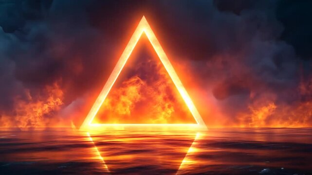 Neon triangle in fiery ocean scene