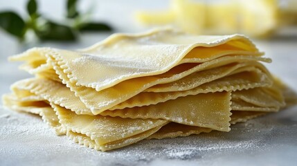 Stack of fresh pasta squares with floured surface, basil garnish