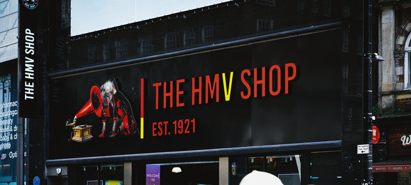 His Master's Voice Signage, Deadpool Wolverine, Nipper The Dog, Gramophone Company, Record Store HMV Shop Sign, Music Retailer, Oxford Street, Central London, United Kingdom, Great Britain, July 2024