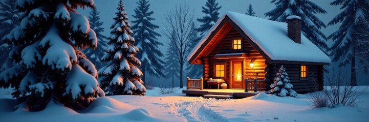 Cozy Christmas cabin background with fireplace and snow-covered exterior, wood fireplace, snow-covered roof