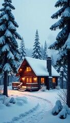 Fototapeta premium Cozy cabin surrounded by snowy trees with chimney smoke rising high , cozy, peaceful