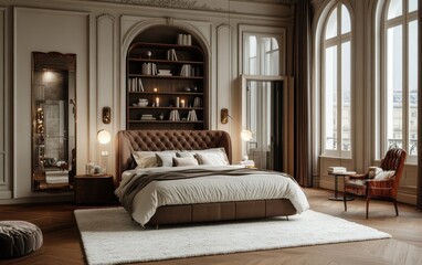 Fototapeta premium A luxurious bedroom interior with a large bed and decorative elements