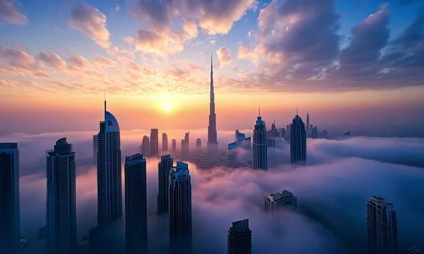Dubai Skyline Sunrise Above the Clouds