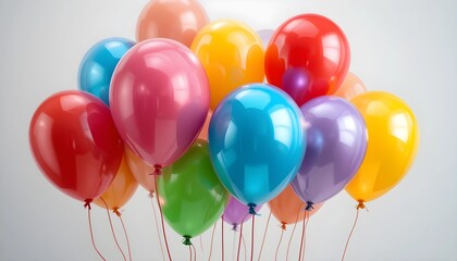 Colorful balloon bunch floating on white background, bright and cheerful.