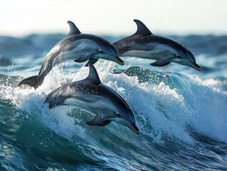 Fototapeta premium Three marine mammals joyfully leap and play among the ocean waves, creating a delightful spectacle of nature's beauty and marine life's grace.