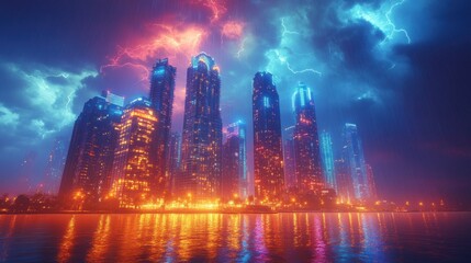 Obraz premium Futuristic Cityscape Under a Dramatic Thunderstorm