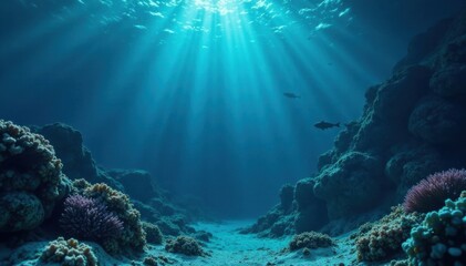 Fototapeta premium Dark blue ocean surface with scattered aquatic life, ocean, water