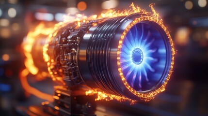 Jet engine ablaze in intense combustion.  Internal components and intricate workings clearly visible.  Fiery exhaust surrounding the turbine