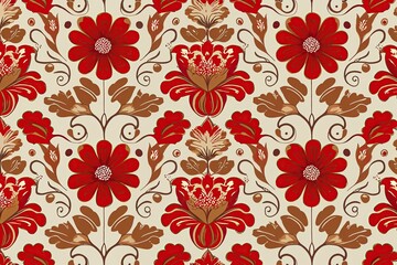 Stylish Repeating Floral Pattern in Vibrant Red and Tan with Elegant Swirls