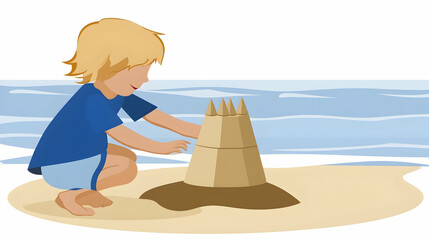 Child building sandcastle on beach, ocean waves in background.  Perfect for children's books, summer vacation themes