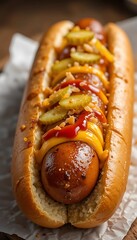 Close-up of fgarnished hot dogs on a tray, with various toppings