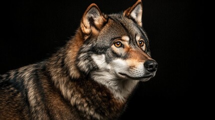 Fototapeta premium Majestic Gray Wolf Portrait Against Black Background