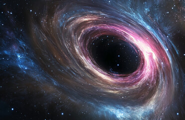 Captivating cosmic black hole swirling with multicolored galactic particles and intense gravitational pull