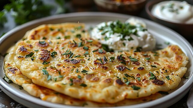Ethiopian chechebsa shredded flatbread spiced butter plated on white ceramic with yogurt side