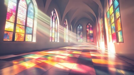 Obraz premium Sunlight streams through stained glass windows, casting colorful patterns on the floor of a grand hall. A beautiful, serene space.