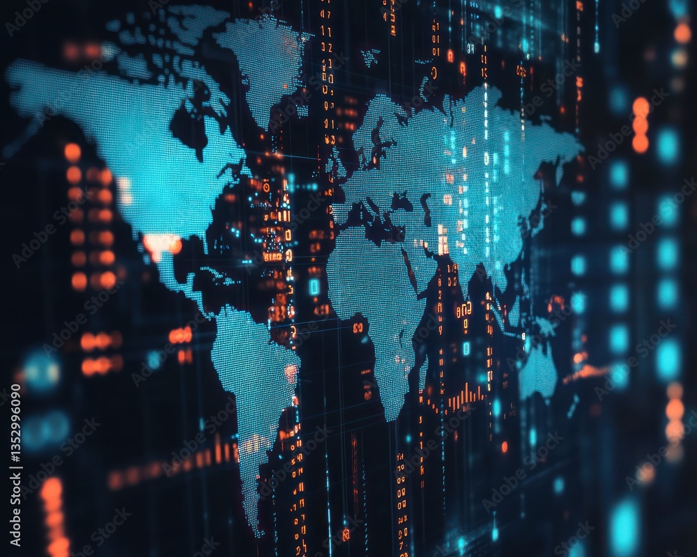 Poster digital world map with data visualization and glowing effects